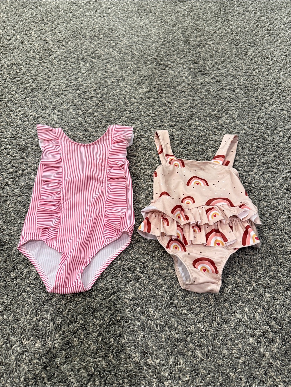 Girls Pink Stripe & Rainbow Ruffle One-Piece Swimsuits